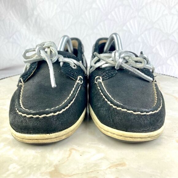 Sperry Shoes Women 7 Black Leather Classic Nautical Driving Slip On Boat Loafers - Picture 3 of 10